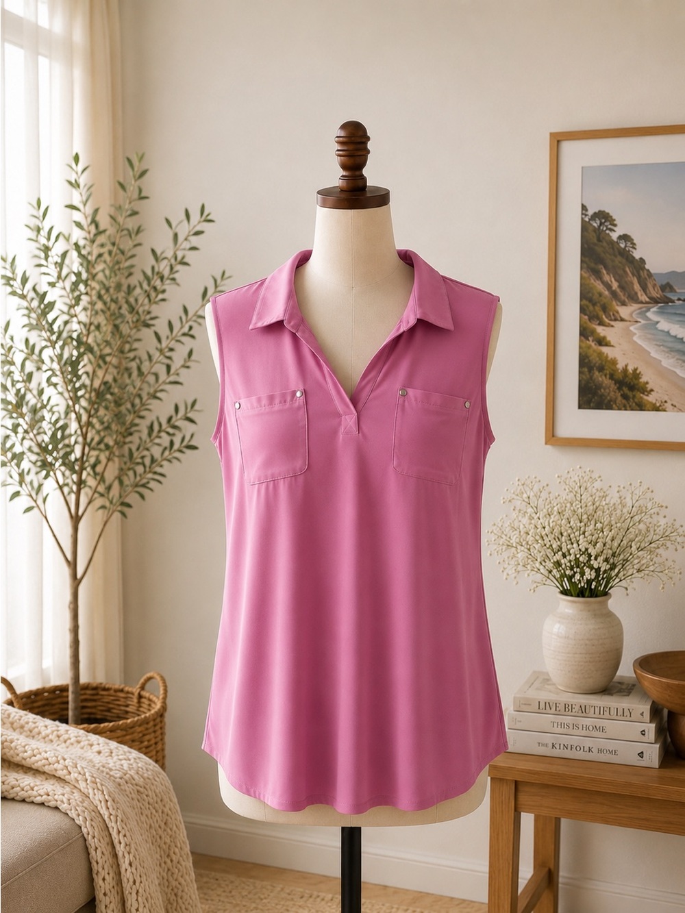 Jones New York Sleeveless Collared Blouse Size Large Pink Career Casual